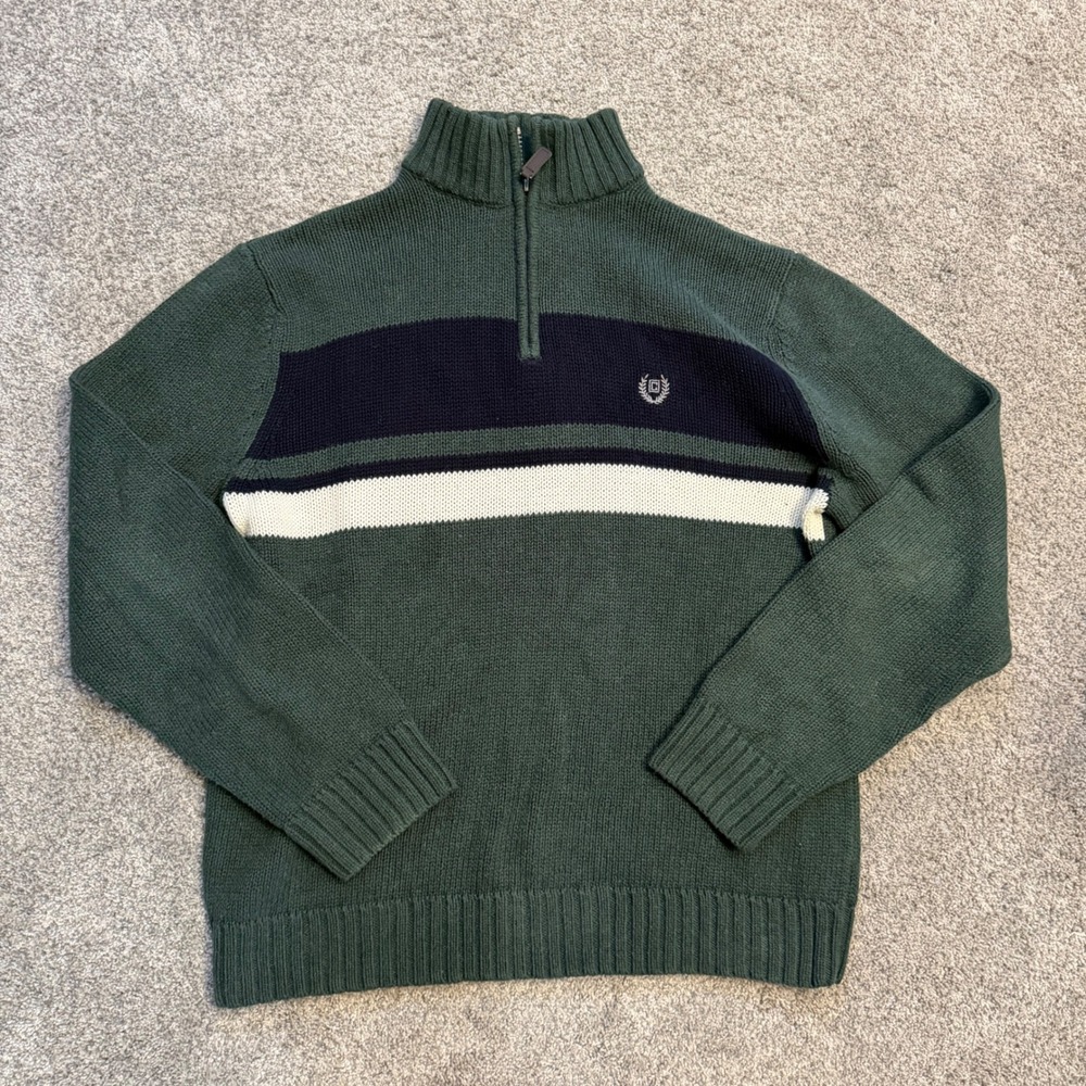 Chaps Mens Medium Green Striped 100% Cotton Quarter Zip Pullover Sweater